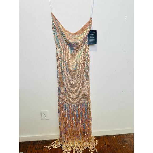 NWT RETROFETE Tan Tera Ballerina Colorway Sequin Fringe Crochet Dress Size M - Picture 9 of 11
